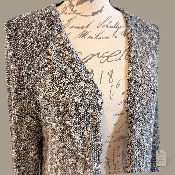 LOFT Marled Open Front Cardigan Sweater Black White Large L Cotton Blend - Picture 3 of 4